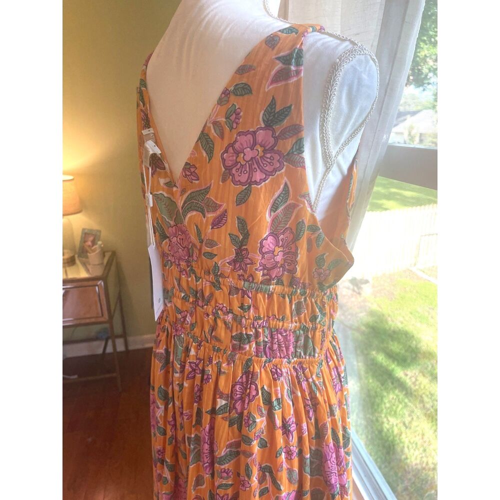 Boho Floral Smocked Cutout Maxi Dress V Neck Euro Summer Resort Quiet Luxury L - Picture 13 of 13